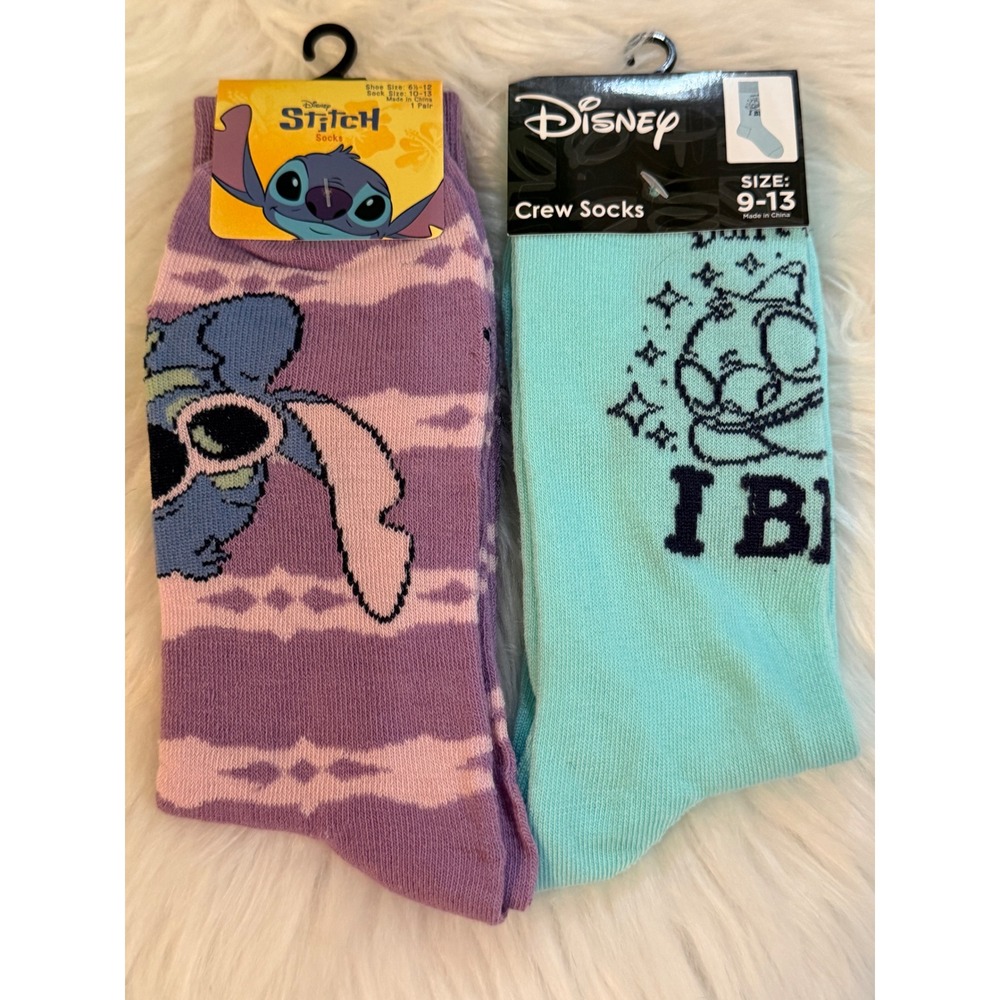 Disney Lilo & Stitch Crew Socks Bundle Purple Striped & Mint I Bite 2 Pairs NEW - Picture 1 of 12